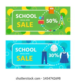 Set of vector discount vouchers with school uniform and Supplies. Back to school concept. Vector  illustration can use for gift card, coupon and certificate, posters or banners, flyers and shopping.