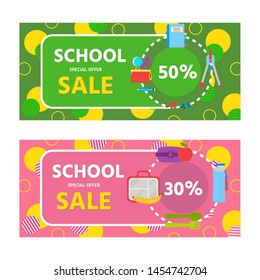 Set of vector discount vouchers with  School Supplies. Back to school concept. Vector  illustration can use for gift card, coupon and certificate, posters or banners, flyers and shopping.