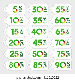 Set of vector discounts. Price lists labels, green logos with die cutting. 5th, 10th, 15th, 20th, 25th, 30th, 35th, 40th, 45th, 50th, 55th, 60th, 65th, 70th, 75th, 80th, 85th, 90th, 95th % off.