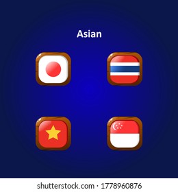 set vector display of wooden textured flags with asian flags for the game.