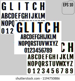 Set of vector distorted glitch fonts. Trendy style lettering typeface. Dark latin letters on white backgrounds. 3 in 1
