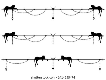 set of vector divider with stylized cat or panther, chain and sign of Mars, Venus and heart in black and white