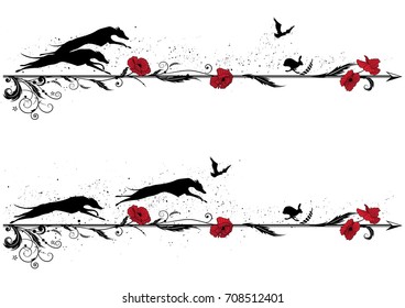 set of vector dividers with dogs, rabbit, riven and poppy in red, black and white