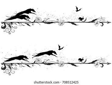 set of vector dividers with dogs, rabbit, riven and poppy in black and white
