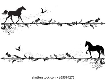 set of vector dividers with horses, riven and thistle in black and white