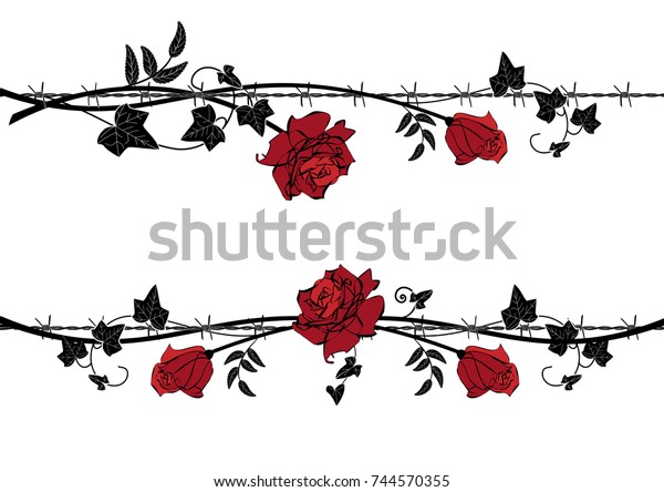 set of vector dividers with rose and ivy\
with barbed wire in black, red and white\
colors