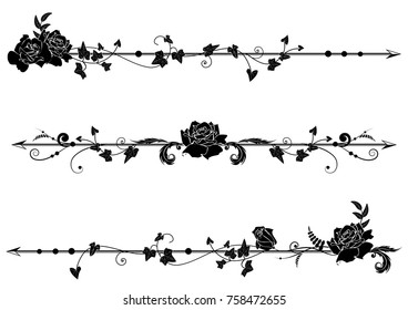 set of vector dividers with roses and ivy in black  and white