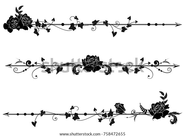 set of vector dividers with roses and ivy in black \
and white