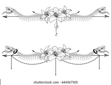 set of vector dividers with skeleton of snake and lilies in black and white