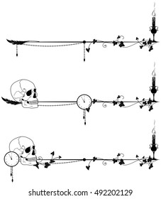 set of vector dividers with skull, candle, clock and ivy in black and white