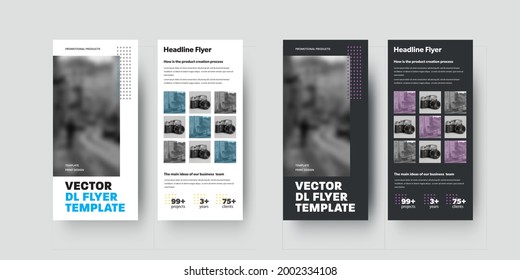 Set of vector dl flyers with geometric design presentation with colored arrows on white, black background. Poster template with business information, company concept. Lefllet for print, annual report