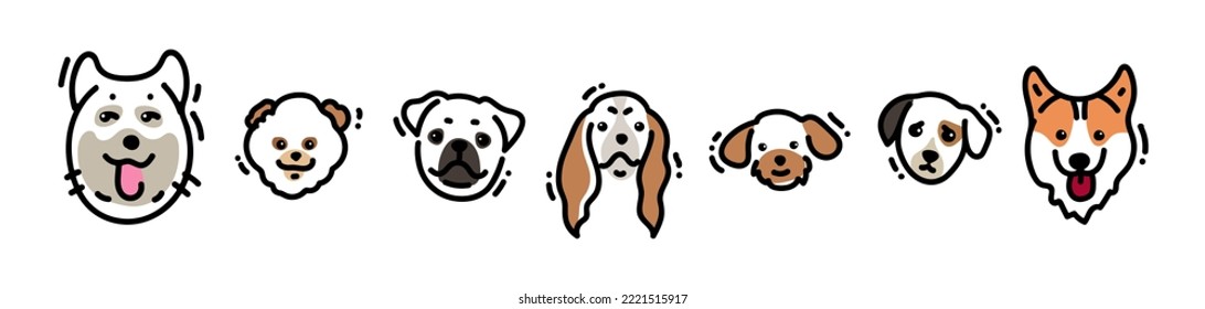 Set of vector dog heads doodles - huskies, pug, corgi