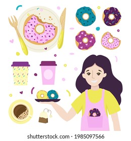 Set vector donuts glazed with colorful sugar, woman, street store with coffee and deserts. .