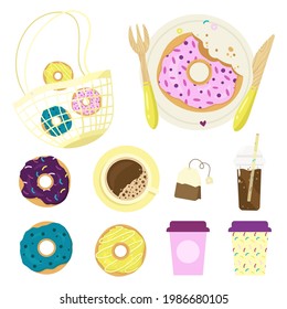 Set vector donuts glazed with colorful sugar and topped with sprinkles, coffee, tea. Tasty fried dough confectionery.