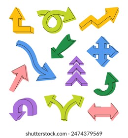 Set of vector doodle arrows. Cartoon drawn direction signs or insignia. Pointer icon for plan or brush marker. Web graphic scribble for pointing focus. Curved isolated collection. Symbol and element