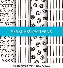 Set of vector doodle background with circles and lines. Black and white colors. Seamless pattern is in the swatches palette.
