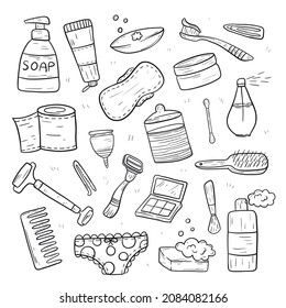 Set of vector doodle beauty icons. Personal accessories and hygiene tools.