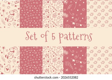 Conjunto de patrones de cumpleaños vectoriales sin fisuras en colores rosa y champán. Trato de fondo vectorial de dibujos animados para San Valentín con margaritas, regalo, banderas, globos, dulces, petardo, corazón para la decoración