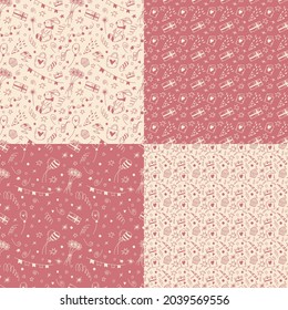 Set of vector doodle birthday seamless patterns in pink and champagne colors. Cute cartoon vector background for St. Valentine's with daisies, gift, flags, balloons, sweets, petard, heart for decor