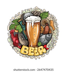 Set of vector doodle cartoon drawings. Composition of objects and symbols on the theme Beer market. Isolated illustrations.