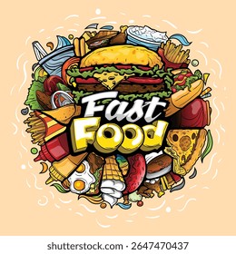Set of vector doodle cartoon drawings. Composition of objects and symbols on the theme Fast Food. Isolated illustrations.