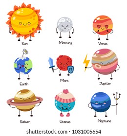 Set of vector doodle cartoon icons planets of solar system. Comic colored funny characters. Children's education. Wallpaper, background, symbols, template for web design, greeting card, cover, poster