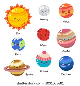 Set of vector doodle cartoon icons planets of solar system. Comic colored funny characters. Children's education. Wallpaper, background, symbols, template for web design, greeting card, cover, poster