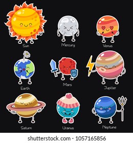 Set of vector doodle cartoon icons planets of solar system. Comic colored funny characters. Children's education. Wallpaper, background, symbols, template for web design, greeting card, cover, poster