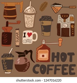 Set of vector doodle coffee objects. Card, cafe, restaurant, banner or poster design. Hand drawn coffee vintage symbols. 