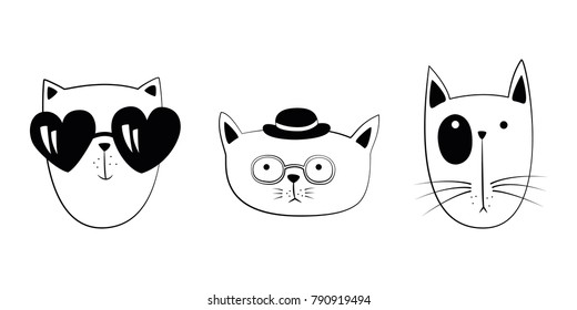 Set of vector doodle cute cats avatars