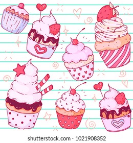 a set of vector doodle cute cupcakes, hand drawn, with stars, hearts and strawberries, full colored on background with stripes