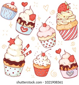 a set of vector doodle cute cupcakes, hand drawn, with stars, hearts and strawberries, full colored
