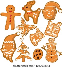 Set of vector doodle cute tasty cookies: reindeer, santa claus, gift box, mistletoe, snowman, elf, bell, gingerbread man, etc, on white background. Christmas festive cookie doodle illustration.
