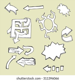Set of vector doodle drawing abstract arrows and symbols