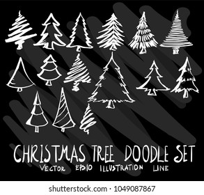 Set of vector doodle drawing Collection Christmas Tree on black background
