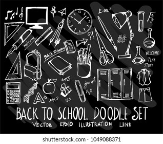 Set of vector doodle drawing Collection Back To School on black background