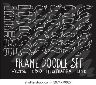 Set of vector doodle drawing Collection Ribbon banner white line on black background