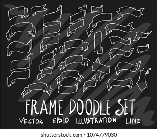 Set of vector doodle drawing Collection Ribbon banner white line on black background