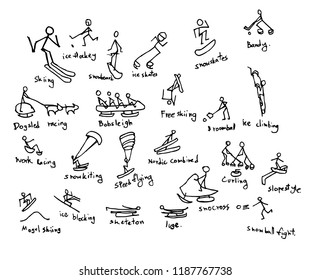 Set of vector doodle drawing Collection Winter Sport on white background