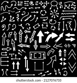 Set Of Vector Doodle Drawing Collection White Arrow On Black Background Illustration