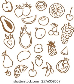 A set of vector doodle drawings. Simple fruit images. Tropical fruits coconut, mango, pineapple, grapes, cherries, strawberries