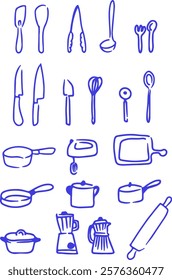 A set of vector doodle drawings. Simple images of kitchen cooking utensils mixer, spoons, forks, spatula, frying pan.