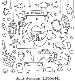 Conjunto de elementos de doodle vectorial celebración de Eid Mubarak