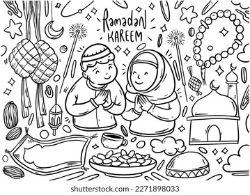 Set of vector doodle element celebrate of Ramadan Kareem. Set of hand drawn symbols and icons for holy Muslim festival Ramadan.