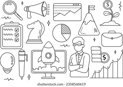 conjunto de símbolos e iconos de la compañía de elementos de doodle vectorial. manual de inicio