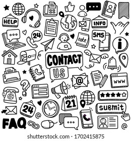 Set of vector doodle element related to contact and communication. Collection of hand drawn vector contact and communication symbols and icons.