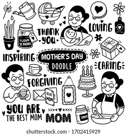 Set of vector doodle element related to Mother's day. Set of  hand-drawn icons and symbols to celebrate mother's day.