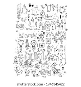 Set of vector doodle element related to business and start up. Hand drawn fresh sketch elements of tech company symbols and icons. Concept of idea. Vector illustration.