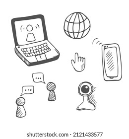 Conjunto de elementos de doodle vectoriales relacionados con el trabajo desde casa. Conjunto de trabajo a mano extraído de símbolos e iconos domésticos.