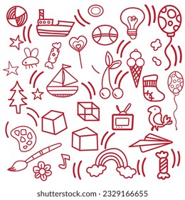Conjunto de elementos de doodle vectorial relacionados con el inicio. Conjunto de símbolos e iconos de la compañía de tecnología recién dibujados a mano.